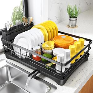 SNTD Dish Drying Rack for Kitchen Counter - Large Dish Rack with Drainboard, Rustproof Dish Drainer with Utensil Holder for Sink, Black