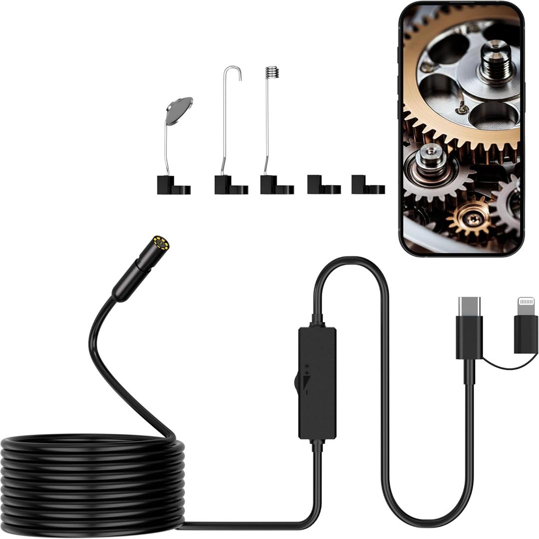Endoscope Camera with Light, 16.4ft Semi-Rigid Snake Inspection Camera, 1920P HD Borescope with 8 Adjustable LED Lights, 7.9mm IP67 Waterproof Drain Pipe Borescope for iOS and Android