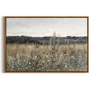 InSimSea Framed Canvas Wall Art Vintage Decor, Large Wall Art, Meadow with Flowers Landscape Wall Art Prints, Modern Farmhouse Cottagecore Bedroom Bathroom Office Decoration, 20"x30" (30L" x 20W", Champ Fleuri)