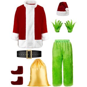 Christmas Santa Costumes Adult Funny Cosplay 8pcs Green Santa Costume,Men's Luxury Velvet Santa Claus Costume for Men