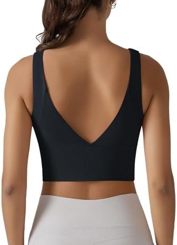 ABOCIW Longline Sports Bra for Women V Back Wireless Padded Medium Support Yoga Bra Workout Crop Tank Tops M