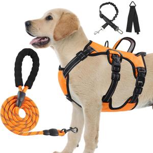 Escape Proof Dog Harness Large Sized Six Point Adjustalbe, Soft Padded Full Body No Pull Dog Harness and Leash Set, Reflective Dog Vest Harness with Handle, Dog Harness for Large Size Dog(Orange, M)