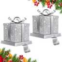 Otoolling 2 Pack Christmas Silver Gift Box Stocking Holder for Mantel Metal Bow Stocking Hangers Silver Glitter Gift Box Christmas Glitter Sturdy Stockings Hooks for Fireplace Counter Window Decor