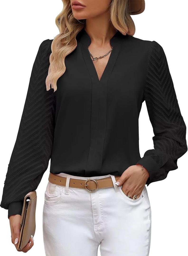 Womens Tops Dressy Casual Sheer Long Sleeve V Neck Shirts Loose Flowy Chiffon Business Work Blouses (Black, XXL)