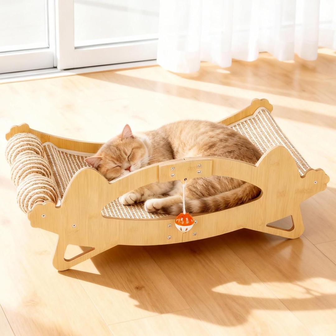 TIMIEEYA Cat Scratcher Bed, 3-in-1 Cat Scratching Pad with Hammock & Ball, Natural Sisal with Solid Wood Frame Cat Scratch Post for Indoor Cats Lounger & Sleep & Scratch