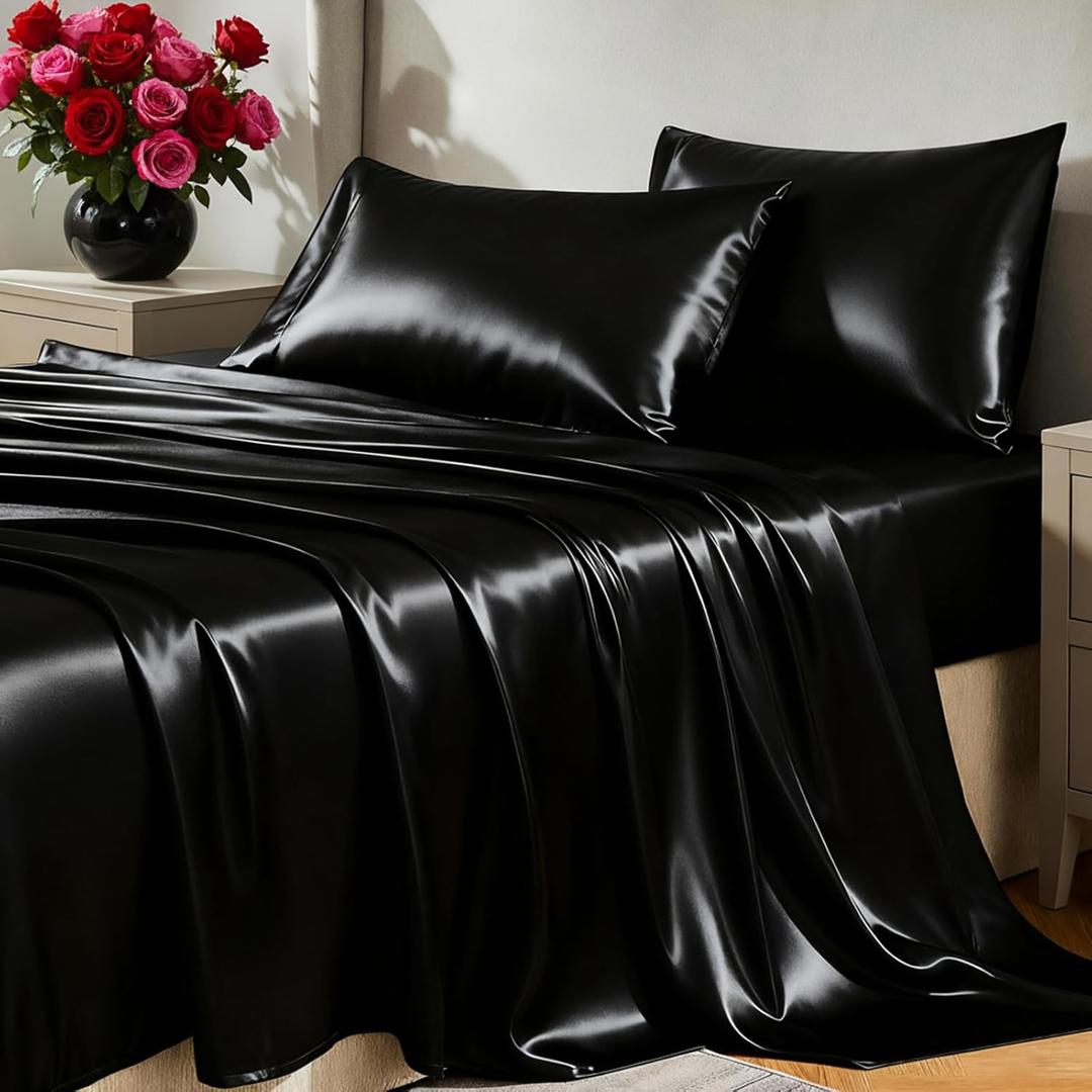 CozyLux Satin Sheets King Size Sheet Set - 4 Piece Silky King Sheets, Luxury Black King Bed Set with Smooth and Soft Microfiber, Includes 1 Fitted Sheet, 1 Flat Sheet and 2 Pillowcases