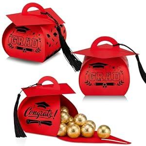 Spakon 30 Pcs Graduation Cap Gift Box Graduation Party Favors Candy Boxes Treat Box with Tassel Table Centerpieces Class of 2026 Grad Decorations(Red, Black)