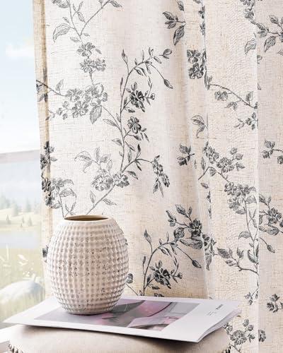 jinchan Linen Floral Curtains for Living Room 84 Inch Length Black Printed Curtains Back Tab French Country Farmhouse Flower Patterned Drapes Bedroom Window Curtain Set 2 Panels, 50"W x 84"L (Pack of 2), Black on Linen