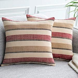 2 Pieces Decorative Classic Retro Stripe Throw Pillow Cover Wite Hidden Zipper Soft Linen Modern Farmhouse Cushion Case for Sofa Bedroom Car 18 x 18 Inch Red Brown Mixed