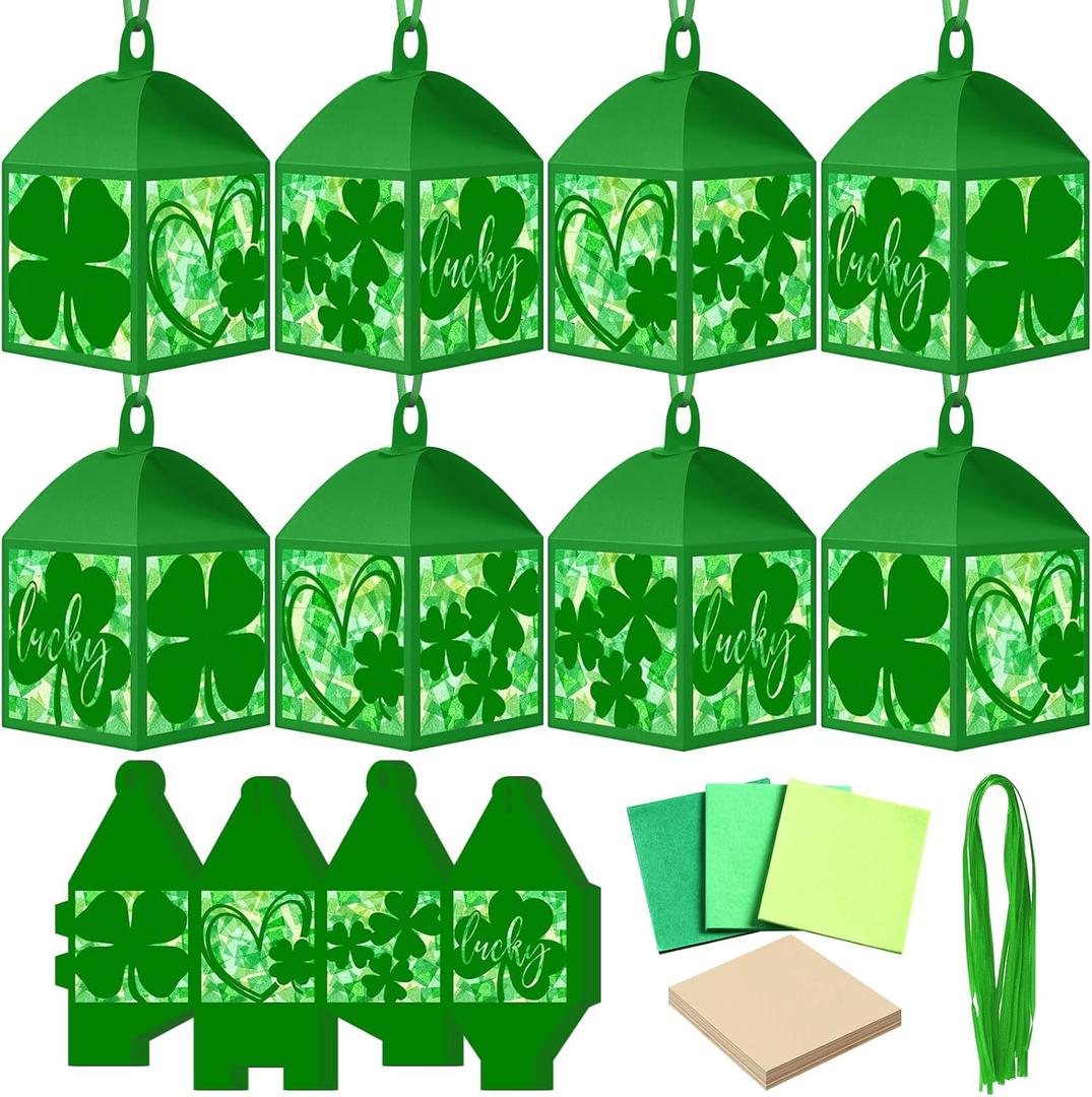 Maitys 16 Sets St. Patrick's Day Paper Lantern Ornaments Craft Kit for Adults, DIY Irish Clovers Shamrocks Lanterns with Tissue Paper Glue Handcrafts for Home Activities Decorations