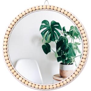 Boho Wall Mounted Circle Mirror, Wooden Round Mirror, Wall Decor for Bathroom Living Room Bedroom, Decorative Hanging Mirror Farmhouse Nursery Furniture (17 inch)