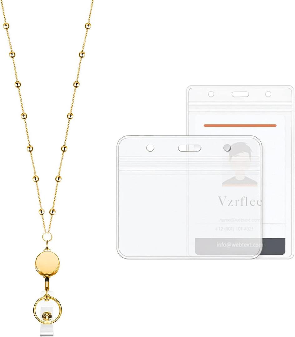 Retractable Badge Reel Lanyard with 2 Pieces ID Holder for Women, Fashion Beaded Chain Premium Stainless Steel Lanyard Necklace Water Resistant Name Badge Holder (Gold)