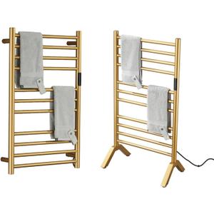 Electric Towel Warmers Radiator with Timer Gold, 140W Wall-Mounted & Freestanding Heated Towel Drying Rack with 11 Bars, 304 Stainless Steel Heated Towel Rail for Bathroom, Plug-in