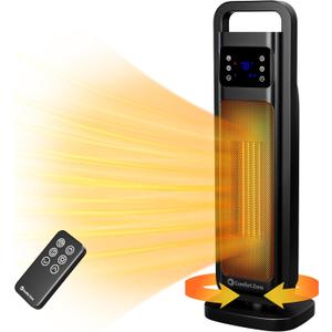 Comfort Zone 26 Oscillating Digital Tower Heater  Portable Ceramic Space Heater with Remote, Adjustable Thermostat (50F-90F), 24-Hour Timer, ECO Mode & Overheat Protection  ETL Certified, Black