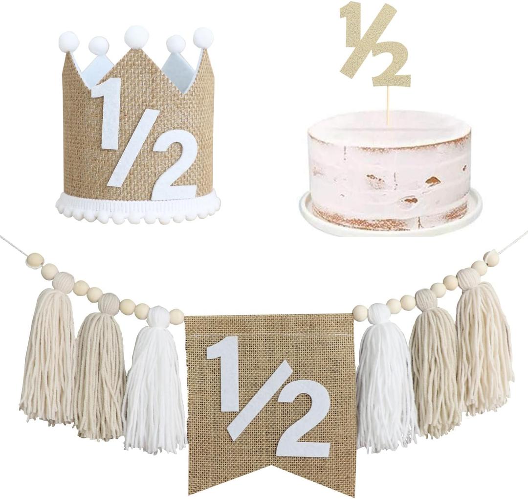 1/2 Birthday High Chair Banner, Half Birthday Crown Hat, Decorations for 6 Months Baby Party, White Photo Props