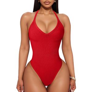 YMDUCH Women's Sexy Sleeveless Spaghetti Strap Ribbed V Neck Racerback One Piece Bodysuit Top, L