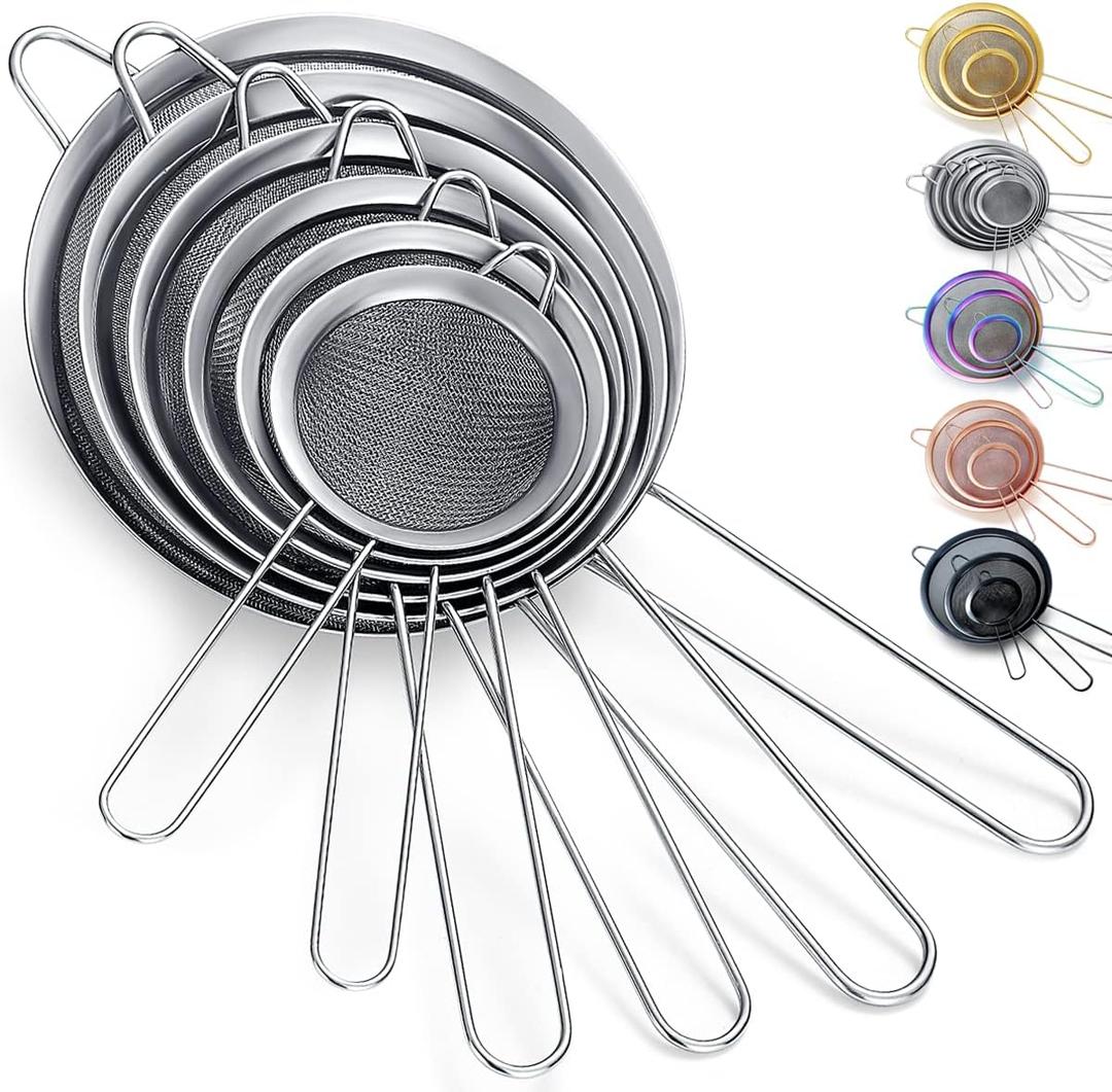 Kyraton Fine Mesh Strainer 6 Pieces Set, Flour Sifter For Baking, Stainless Steel Clander, Matcha Tea Strainer, Gravy Separator, Stasher Sieve Pasta Strainers