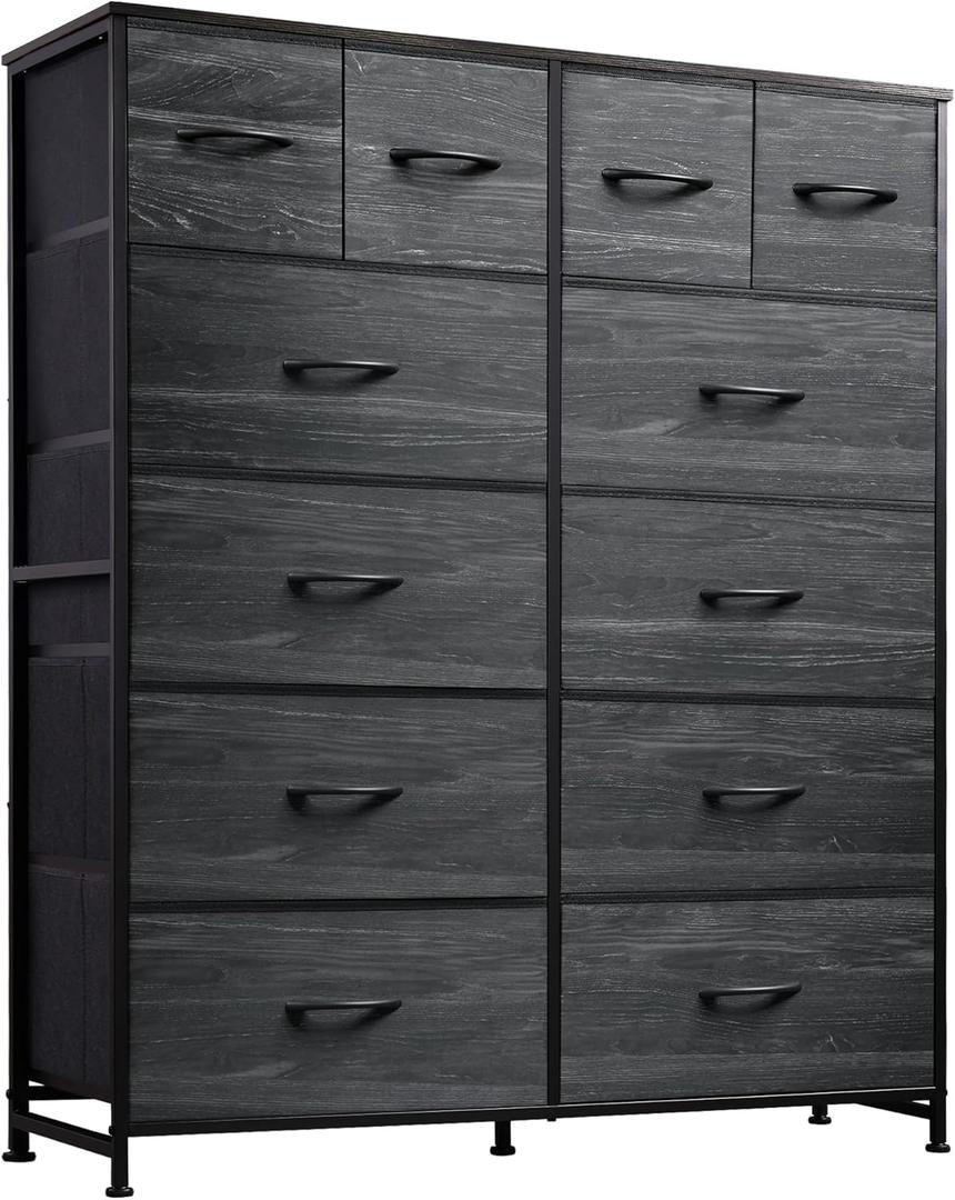 WLIVE Tall Dresser for Bedroom with 12 Drawers, Dressers & Chests of Drawers, Fabric Dresser for Bedroom, Closet, Fabric Storage Dressers with Storage Drawers, Wood Top, Charcoal Black (11.8"D x 39.4"W x 48.3"H, Charcoal Black Wood Grain Print)