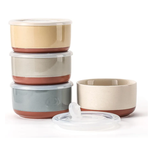 Ceramic Bowl with Lid: 20 oz Microwave Safe Porcelain Soup Containers for Food Storage, Meal Prep, Working Lunch, Picnic & Camping - 5-Inch Set of 4 Dipped Color & Speckle