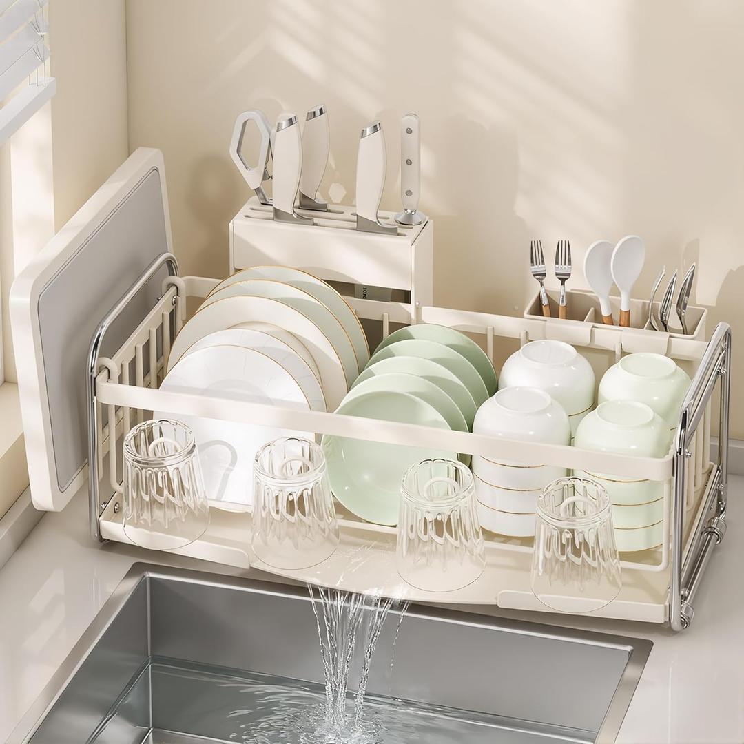Compact Small Dish Drying Rack for Kitchen Counter  Narrow Metal Dish Drainer with Utensil Holder, Plate Drying Rack Organizer, Space-Saving Storage for Sink, Off-White Ivory