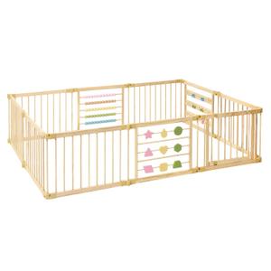 ZETY Natural Wood Baby Playpen  8 or 10 Panel Foldable Play Yard with Door Panel and Built-in Toys, CPC Certified & SGS Tested