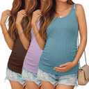 Riyiper 3 Pack Women's Maternity Tank Tops, Sleeveless Cotton Pregnancy Shirts Ribbed Knit Sides Ruched Basic Mama Clothes, Medium