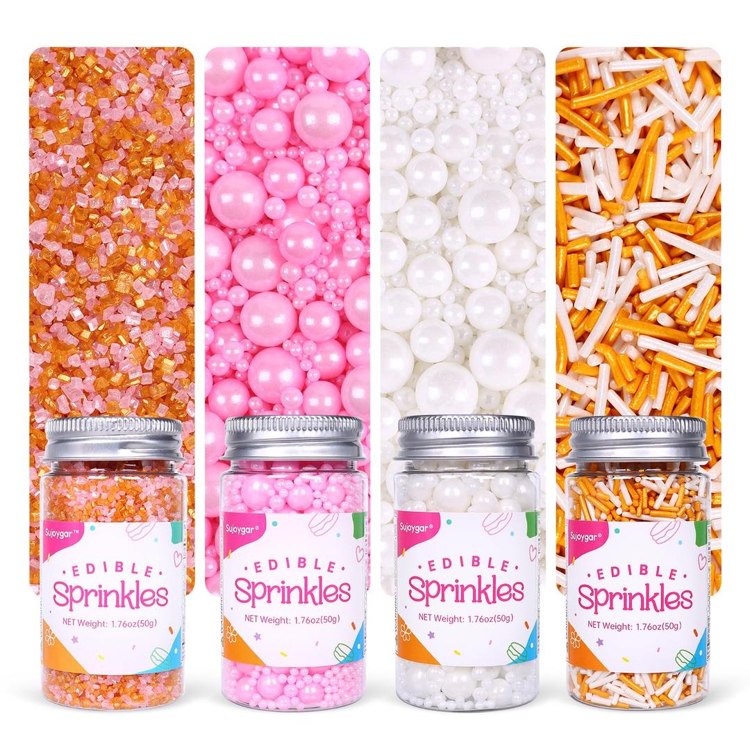 Pink Sprinkles Set, Sujoygar Edible Valentines Cake Sprinkles, Fancy Pink Gold White Sprinkles Mix for Cake Decorating Cupcakes Toppers Baking Cookies Ice Cream Dounts Wedding Decoration (7.04 Oz) (Single)
