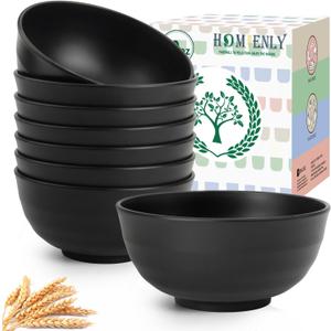 Homienly Unbreakable Big Bowl Set of 8: Alternative to Large Plastic Bowls - 60oz Wheat Straw Bowls for Salad, Soup & Cereal, Microwave & Dishwasher Safe for Everyday Use & Picnics - Black