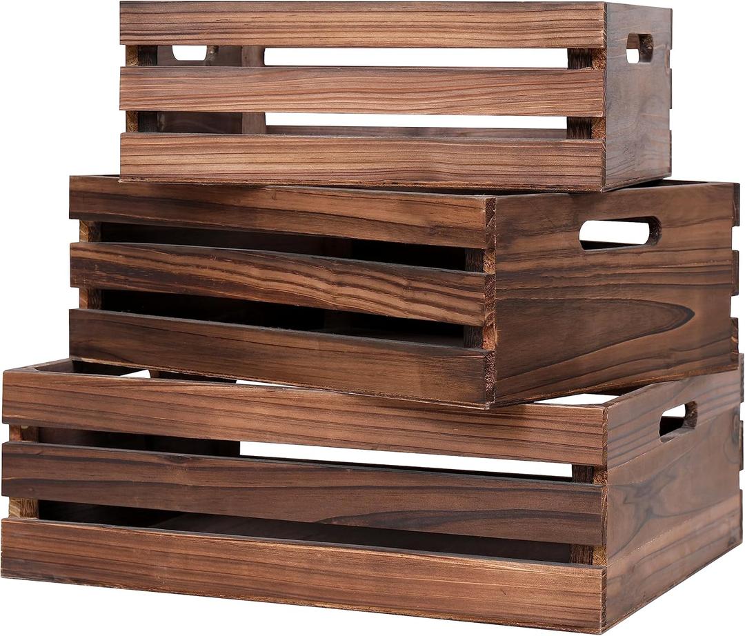 Large Size Wood Crates For Storage,Decorative Vintage Brown Wooden Crates For Display,Handmade Solid Wood Boxes,Set Of 3 Rustic Black Wooden Crate. (vintage brown)