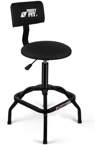 FreekyFit Shop Stool with Backrest, Mechanic Garage Stool for Workshop, Adjustable Stool Chair, Padded Workbench Stool for Men Women, 300 LBS Capacity, 360° Swivel PVC Seat, Heavy Duty, Black