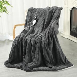Heated Blanket Throw, Waffle Weave Electric Blanket, Rapid Heating, LCD Controller, 6 Temperature Settings, 4-Hour Auto Shut-Off, ETL Certified, Machine Washable, 50“ × 60”, Luxury Black