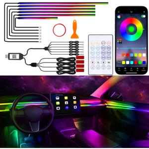 Acrylic Interior Car Lights, 10 in 1 Dreamcolor Ambient Lighting Kit with Wireless APP/Remote/Button Control, USB Car Inside Lighting Accessories with Music Mode for Vehicle Decorations