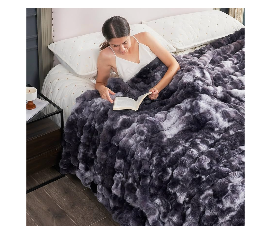 Cozy Bliss Faux Fur Throw Blanket for Couch, Fuzzy Soft Plush Thick Bubble Blanket for Sofa Bedroom Living Room, 60 * 80 Inches Tie Dye Black
