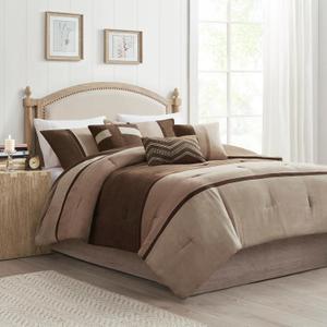 Madison Park Palisades Comforter Set Modern Faux Suede Pieced Stripe Design, All Season Down Alternative Cozy Bedding with Matching Shams, Decorative Pillows, Queen(90"x90"), Brown 7 Piece