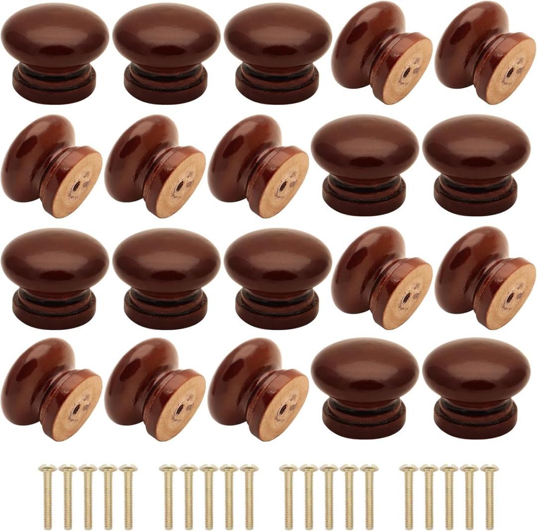 20Pcs Wood Dresser Knobs, Brown Mushroom Shape Wooden Furniture Cabinet Knobs Single Handle Pulls with Screws (Diameter :1.3 inches, Height :1 inch)