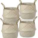 Qunclay 4 Pack Woven Seagrass Baskets Belly Basket Folding Boho Plant Pot with Handles Round Decorative Wicker Large Indoor Planter for Home Outdoor Tree Planters Decor(Natural, White)