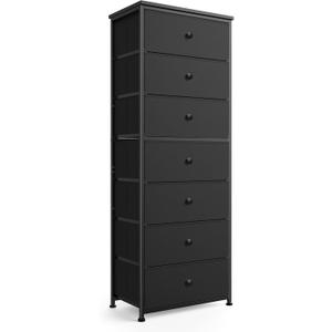 Mifuro Tall Fabric Dresser for Bedroom, Vertical Storage Organizer Tower with 7 Drawers, Chest of Drawers with Bins, Steel Frame, Wood Top for Bedroom, Closet, Entryway Black