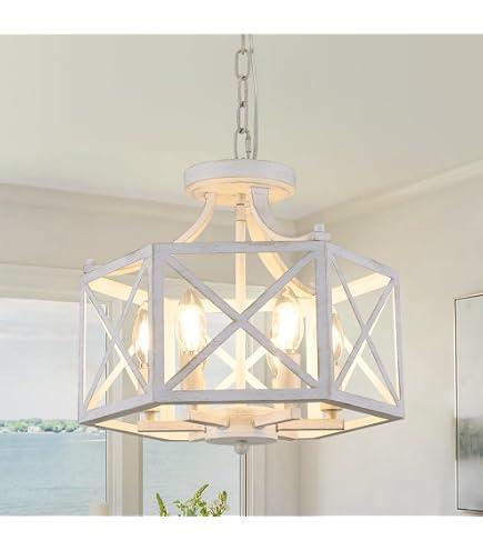 ZSDHXi 6-Light Antique White Pendant Light, Modern Farmhouse Chandeliers for Dining Room, Adjustable Hexagonal Metal Hanging Light, Vintage Geometric Pendant Lighting for Kitchen Island Entryway Foyer