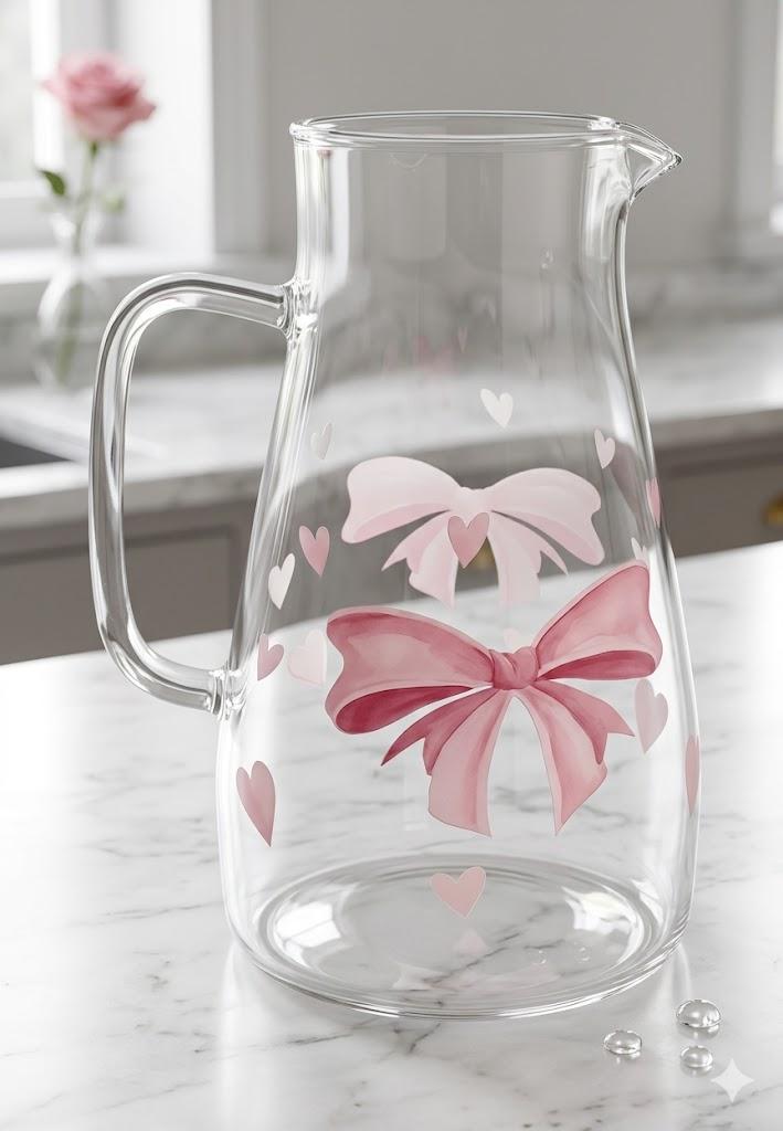 Domensi 74 oz / 2200 ml Glass Pitcher with Lid Water Pitcher with Handles Beverage Water Jar Glass Jug Hot and Cold Resistant Carafe for Tea Juice Milk Coffee Iced Beverage (Pink Bow)