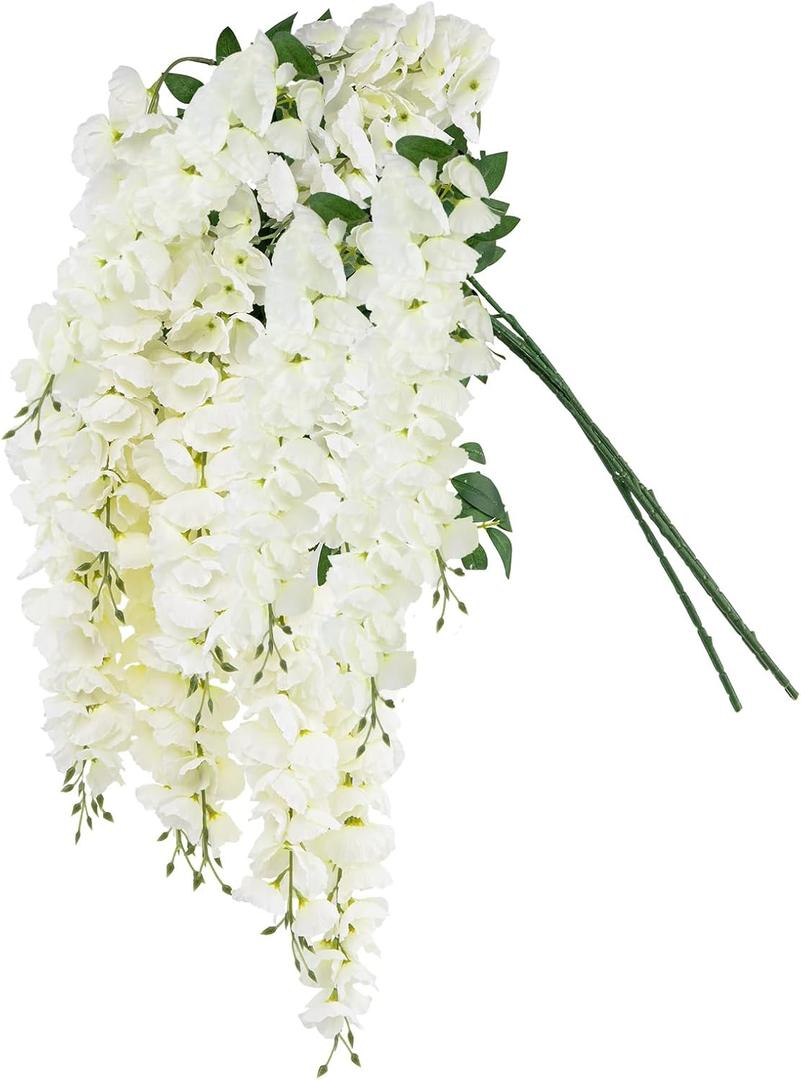 4pcs Artificial Wisteria Flowers 37in Fake Wisteria Rattan Hanging Garland Silk Flowers String for Wedding Party Wall Home Decor(White)