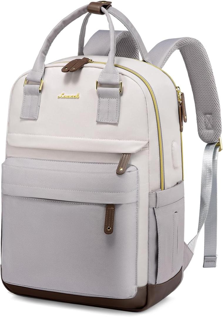LOVEVOOK Travel Laptop Backpack Women, 15.6 Inch Anti-theft Laptop Bag with USB Port, Fashion Waterproof Computer Backpacks Teacher Nurse Backpack Purse for College School Work (Beige-grey)