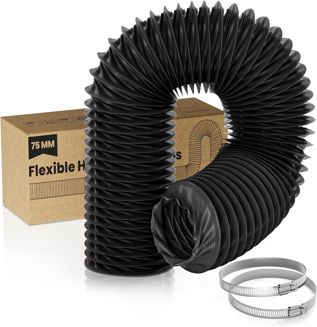 HG Power 3 inch 16 FT Long Air Ducting, Flexible Nylon Duct Diesel Heater Hose Vented Duct Hose With 2 Clamps For HVAC Ventilation (Black)