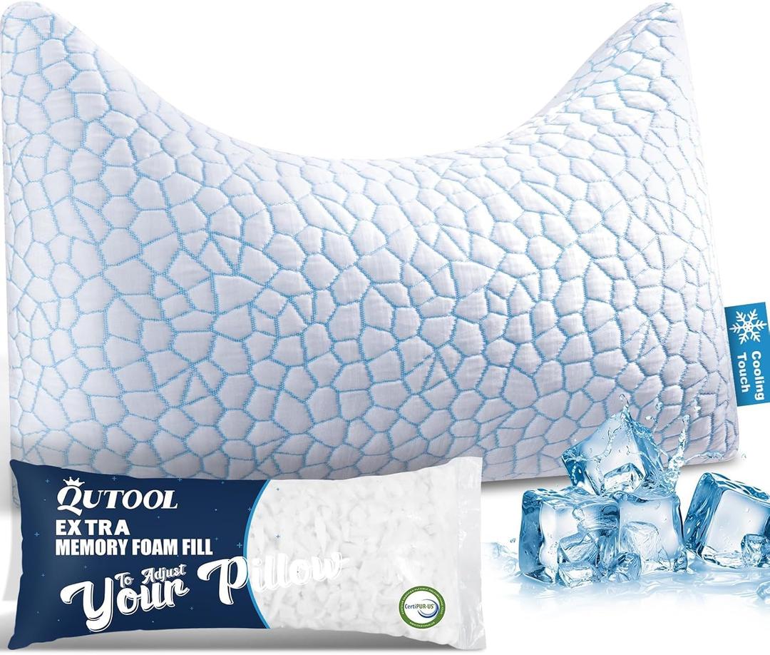 QUTOOL Cooling Side Sleeper Pillow for Neck and Shoulder Pain Relief, Adjustable Curved Shredded Memory Foam Bed Pillows for Sleeping, Queen 1 Pack with Additional Foam Fill Included (White) (Icy Blue)