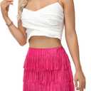Fringe Skirt Women High Waist Mini Stretchy Pencil Cowgirl Concert Party Club Rave Festival Western Dance (Pink, S)
