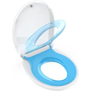 Potty Training Seat Built-in Toilet Seat, Round Toilet Seat 16.5inch with Baby Seat 2 in 1 Soft Close Quiet No Slapping, Magnetic Absorption, Easy Installation for Bottom Fixing ToiletWhite and Blue