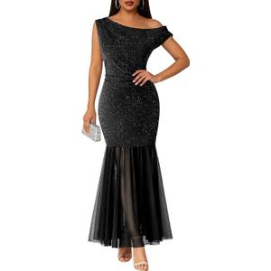 Youtalia Women's Elegant Formal Long Dress One Shoulder Bodycon Dress Evening Cocktail Wedding Guest Maxi Dresses M