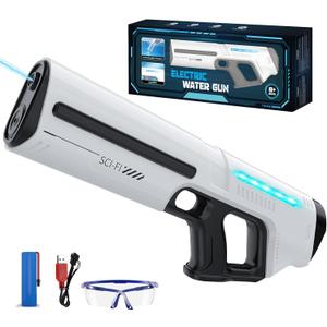 Skirfy Electric Water Gun for Kids Adults,Battery-Powered Squirt Toy with Tank,30ft Range,LED Light,Automatic Water Absorption,Summer Outdoor Beach Play,Pool Garden Fun for Kids Age 8 9 10 (White Black)