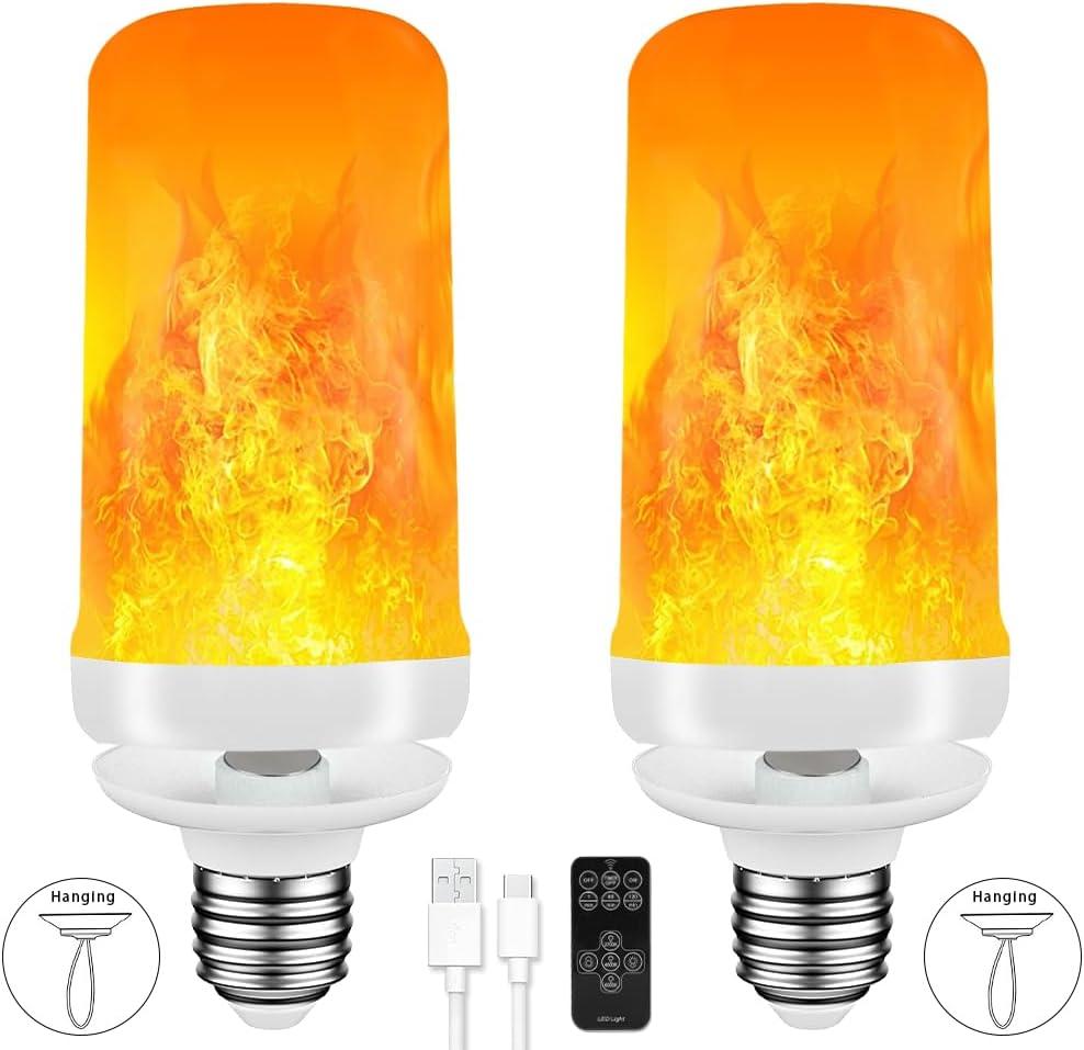 BLUEYE 2Packs Rechargeable Flame Light Bulbs,Remote Control,3 Timer,5V/1A Charging,Flickering Fire Effect,Gravity for Upside Down,Flameless Candles for Halloween Christmas Home Decor,Non-Hardwired