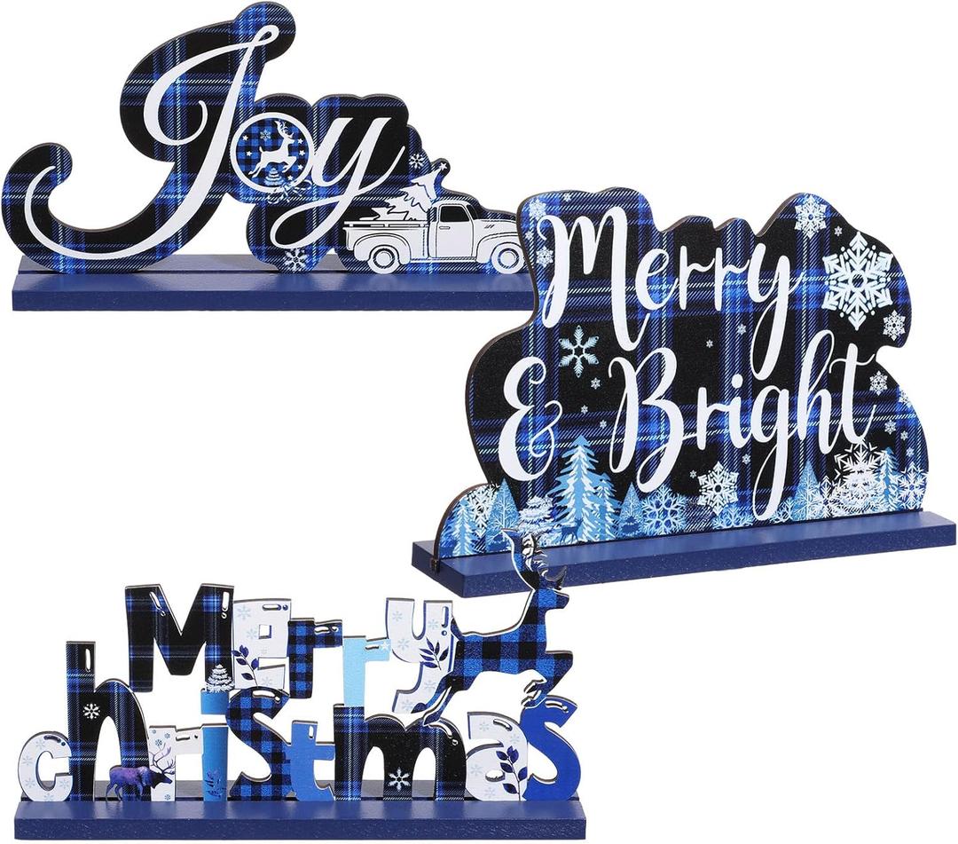 Blulu 3 Christmas Centerpieces for Tables Blue Merry Christmas Table Decorations Tabletop Wooden Sign Farmhouse Winter Centerpieces for Holiday Party Indoor Decor