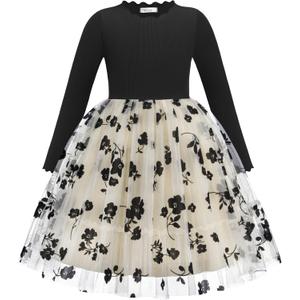 Arshiner Girls Long Sleeve Dress Casual Knee Length Dresses Black Flowers Party Tulle Kids Outfits 5-6Y